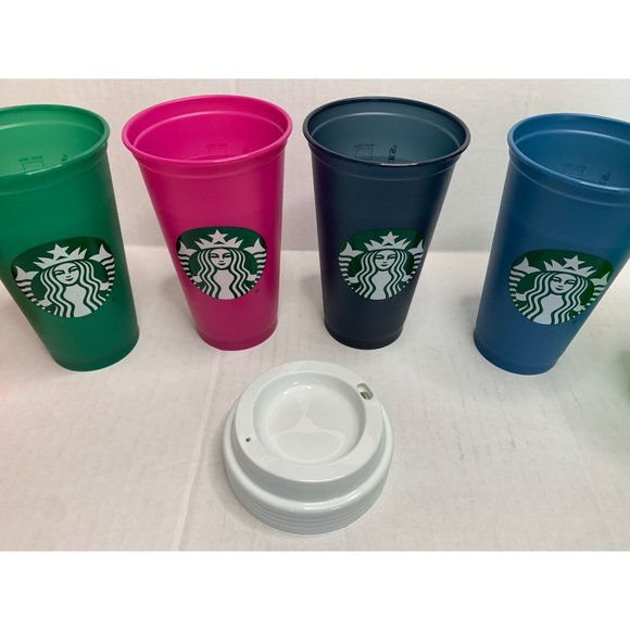 New Starbucks Reuseable Hot Cups 6 cups 6 lids 16 oz Multicolor Changes Colors - Picture 4 of 5